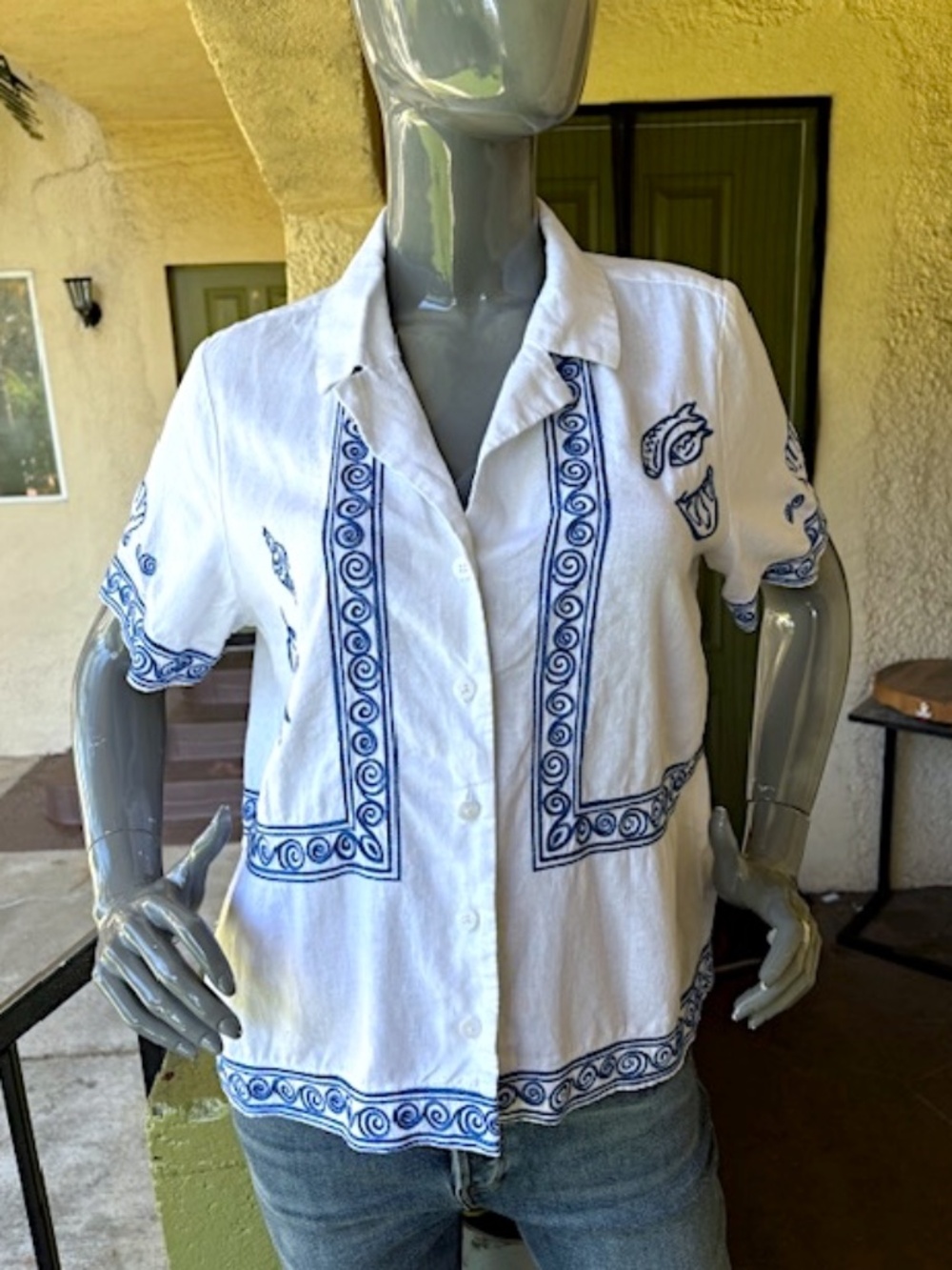 MADEWELL X LISA SAYS GAH Embroidered S/S Linen Camp Shirt EUC/sz S - Picture 2 of 13